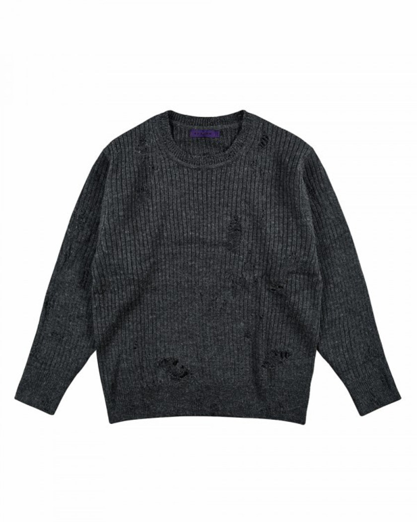 21FW DESTROYED CREW NECK KNIT CHARCOAL