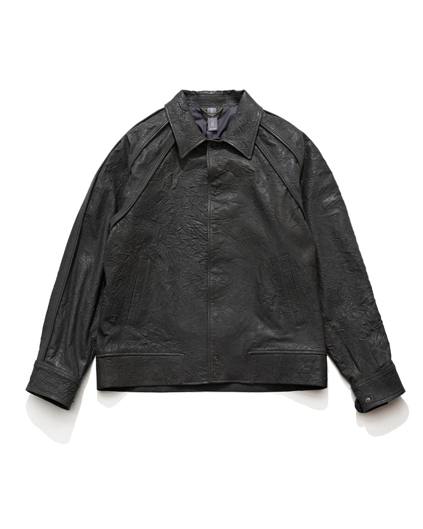 22FW UNAFFECTED LEATHER VARSITY JACKET CHARCOAL