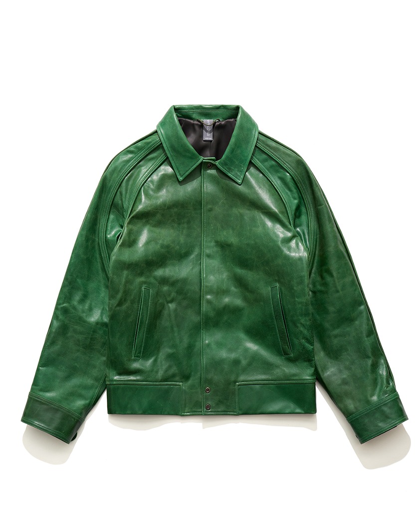 23SS UNAFFECTED LEATHER VARSITY JACKET CRACKED GREEN