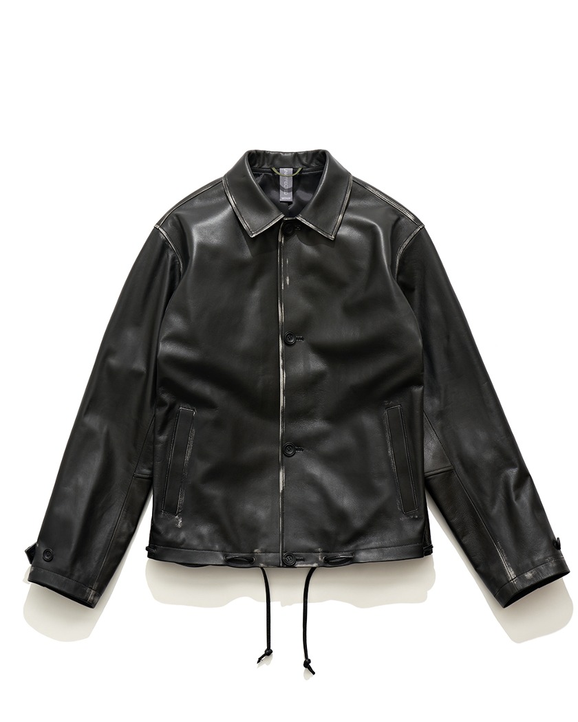 23SS UNAFFECTED DRAWSTRING LEATHER JACKET BLACK