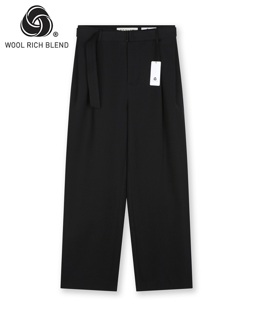 WOOL BLENDED BELTED TWO TUCK PANTS BLACK