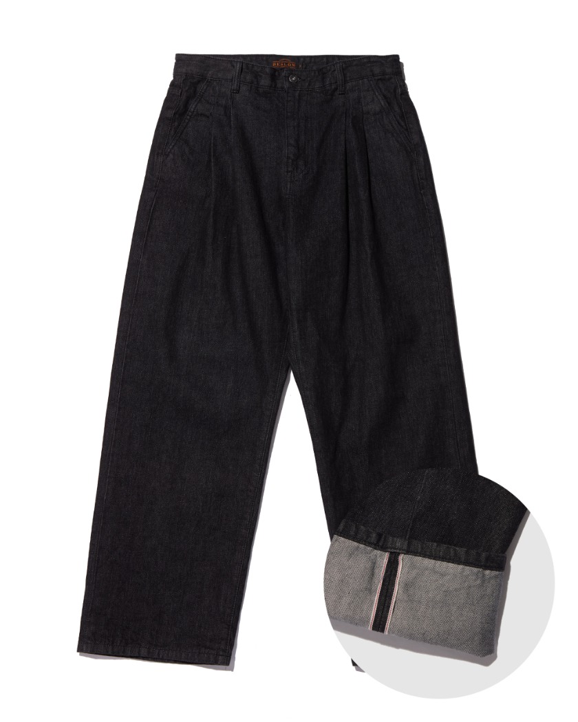 WIDE FIT TWO TUCK SELVAGE DENIM PANTS_BLACK