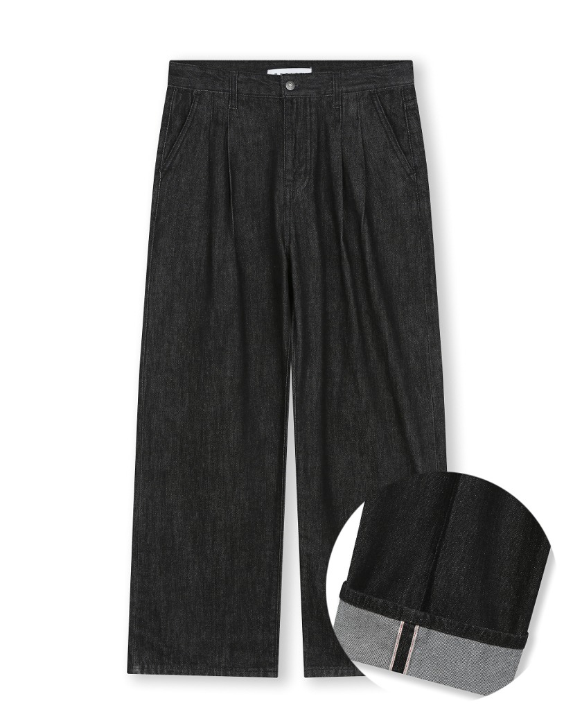 WIDE FIT TWO TUCK SELVAGE DENIM PANTS BLACK