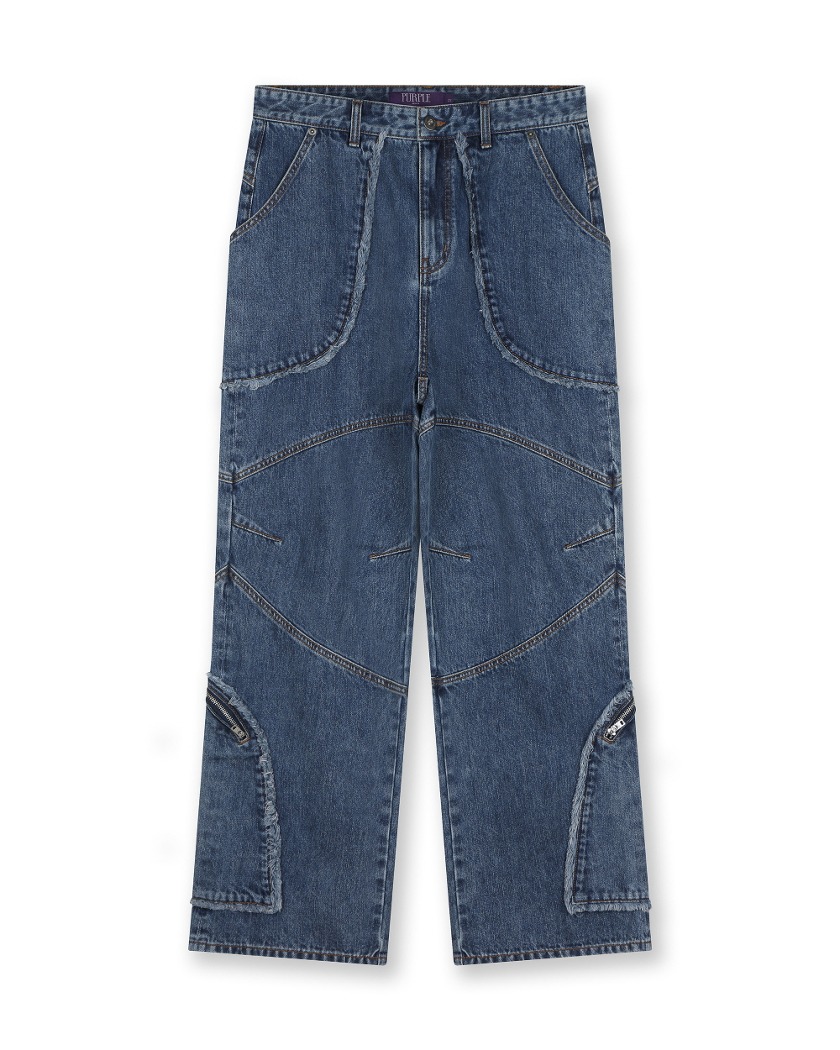 CUT OUT CURVED POCKET JEANS BLUE